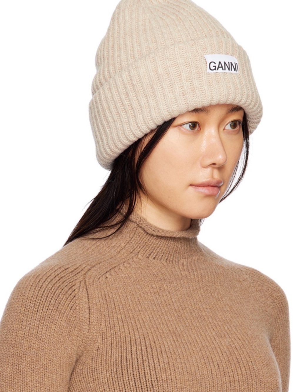 GANNI Cream Ribbed Knit Beanie